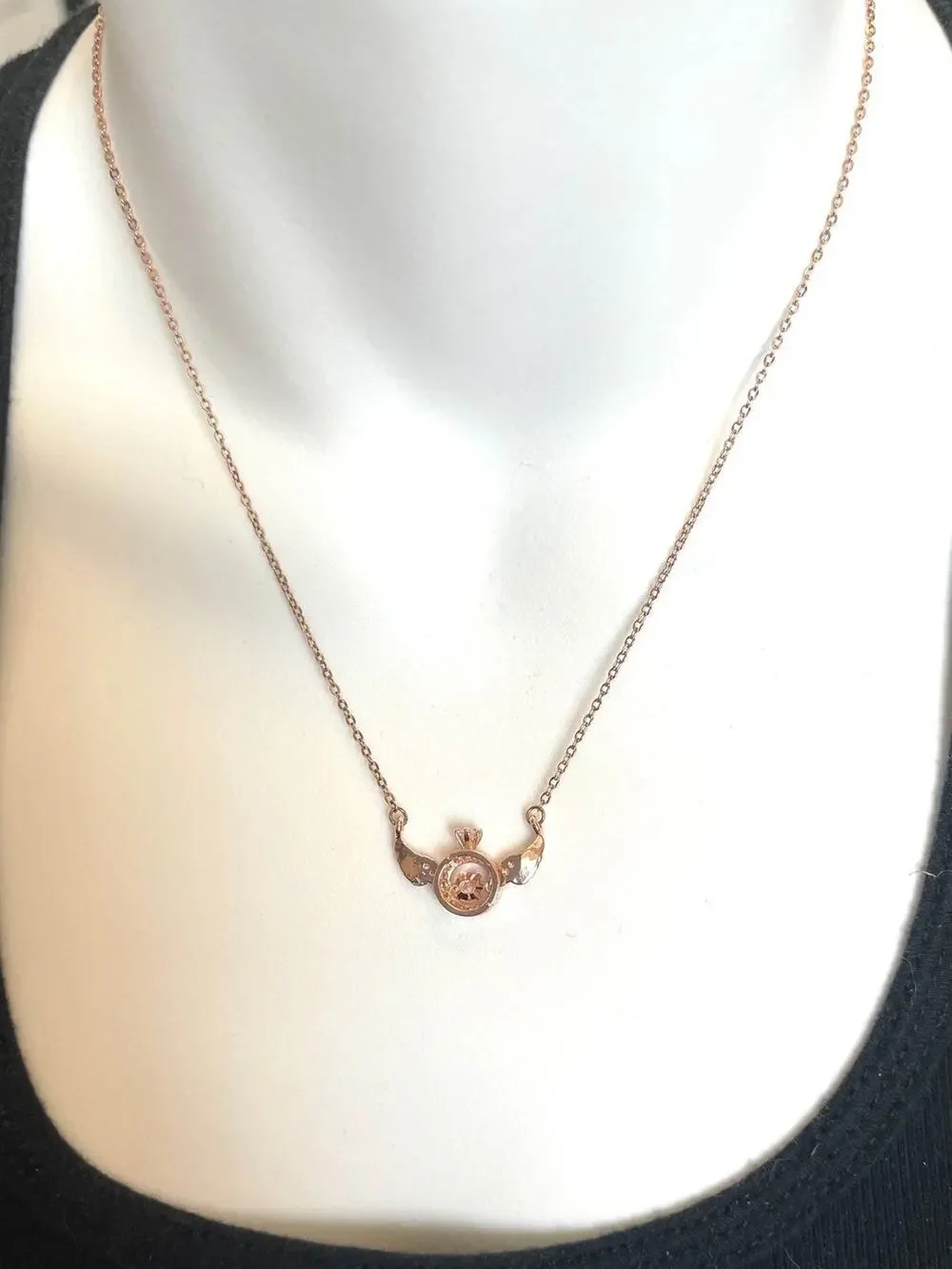 Rose Gold Over Stainless Angel Wing Trimbler Necklace, CZ’s Lobster Claw Clasp